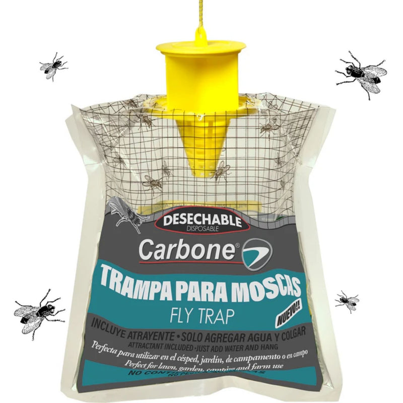 Trampa para moscas desechable. Incluye atrayente. Solo aplica agua y cuelga. Atrapamoscas