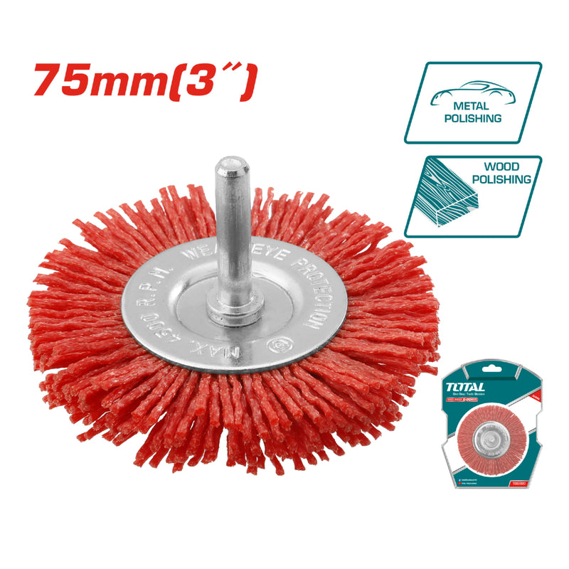 Cepillo de nylon circular para taladro con vástago de 75mm.