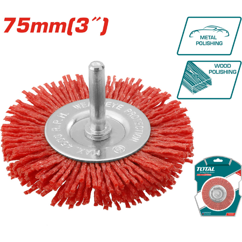 Cepillo de nylon circular para taladro con vástago de 75mm.