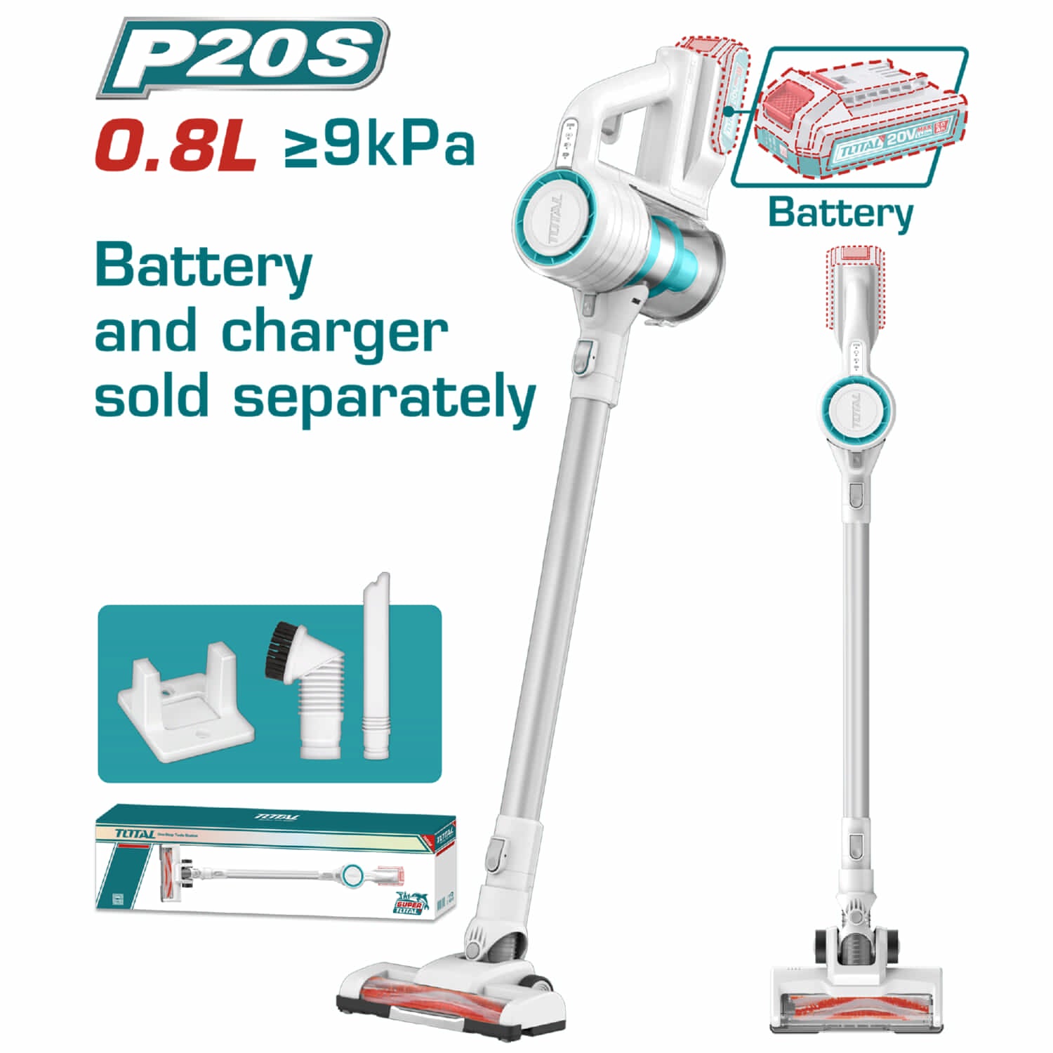 Aspiradora de Limpieza 0.8L 20V ≥9 Kpa Filtro HEPA. No incluye batería ni cargador.