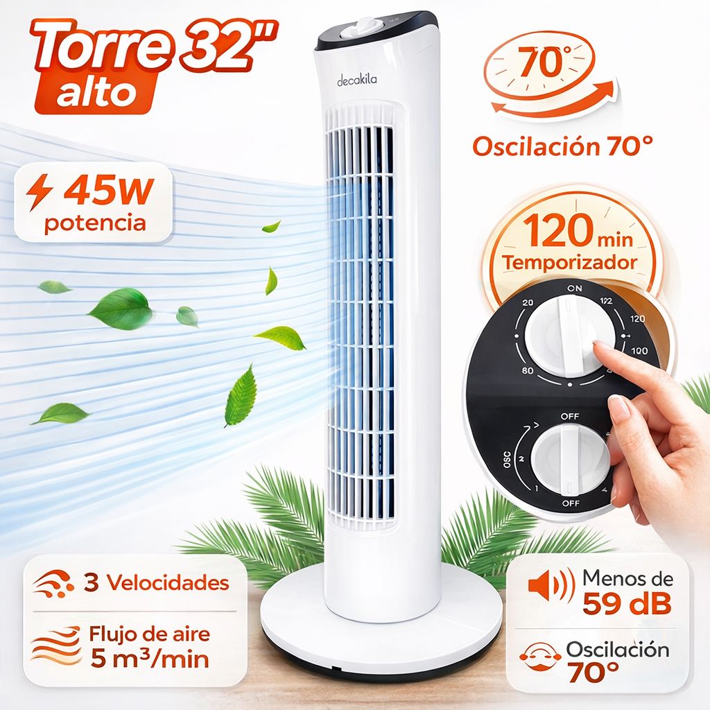 Abanico de Torre 32" alto 45W 120V 60Hz Temporizador 120 mins. 3 velocidades. Oscila 70º