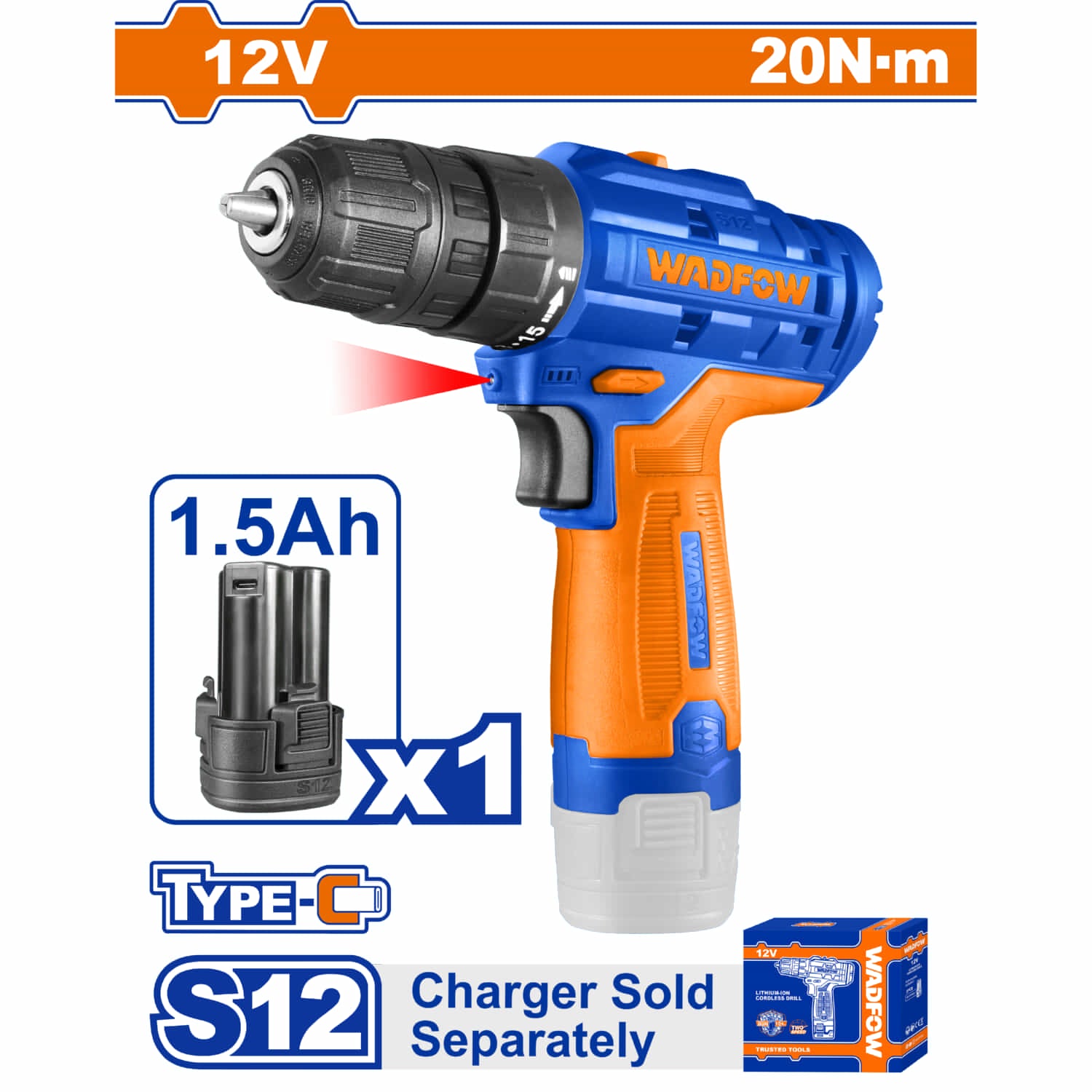 Taladro drill inalámbrico de 12V 0.8-10mm. 0-400/0-1500rpm. 20Nm 2 velocidades. Cargador por separado.