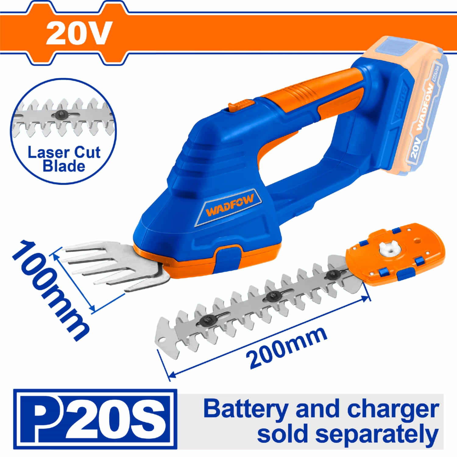 Cortasetos Podadora Inalámbrica de Batería 20V Eléctrica 1200rpm. Batería y cargador por separado.