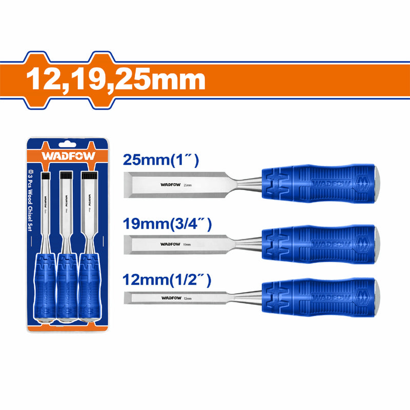 Cinceles de madera 12,19,25mm. Mango ergonómico. Acero al Carbono. Long. 105mm (3pzs. Set)