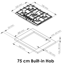 Estufa Empotrable 75 cm BL 5 Quemadores SABAF + Wok 5kW, Acero Inoxidable, 110V