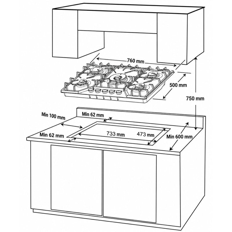 Estufa Empotrable  A Gas Elite Glass Pro De Vidrio Negro con  5 Quemadores SABAF y Sistema de Seguridad Orkli Integrado. 110V (75cm)