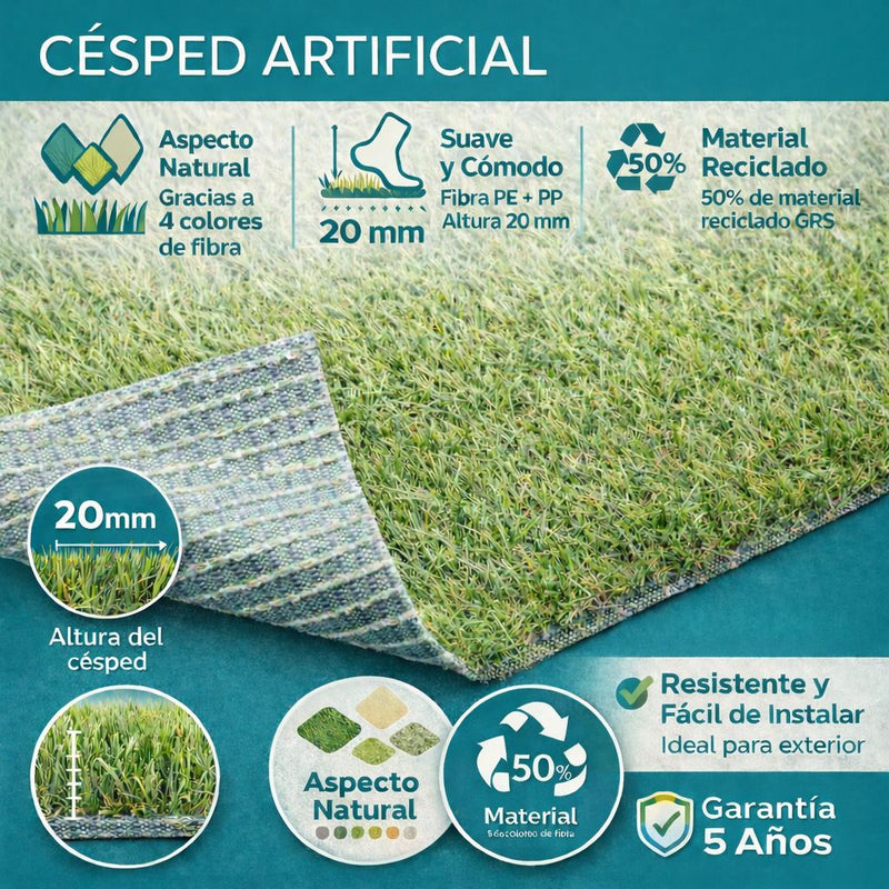 Césped grama Artificial 20 mm 3/4" – Rollo 2 × 5 mts | Uso Exterior | 5 años garantia | Resistente al cloro