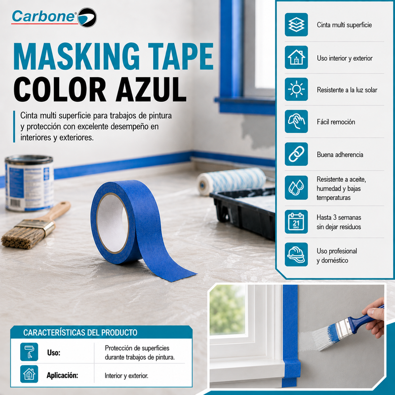 Cinta Masking Tape 1 1/2” x 50m. Color Azul