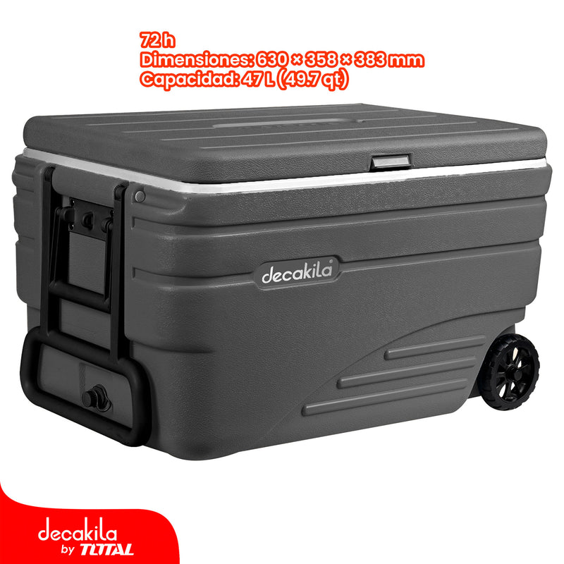 Cooler Portátil con asa y rueditas 47 L (49.7 QT) Tiempo en frío: 72hrs. 57.5x37.5x41.5cm, Ideal para 54 botellas de Coca-Cola de 550 ml Hielera