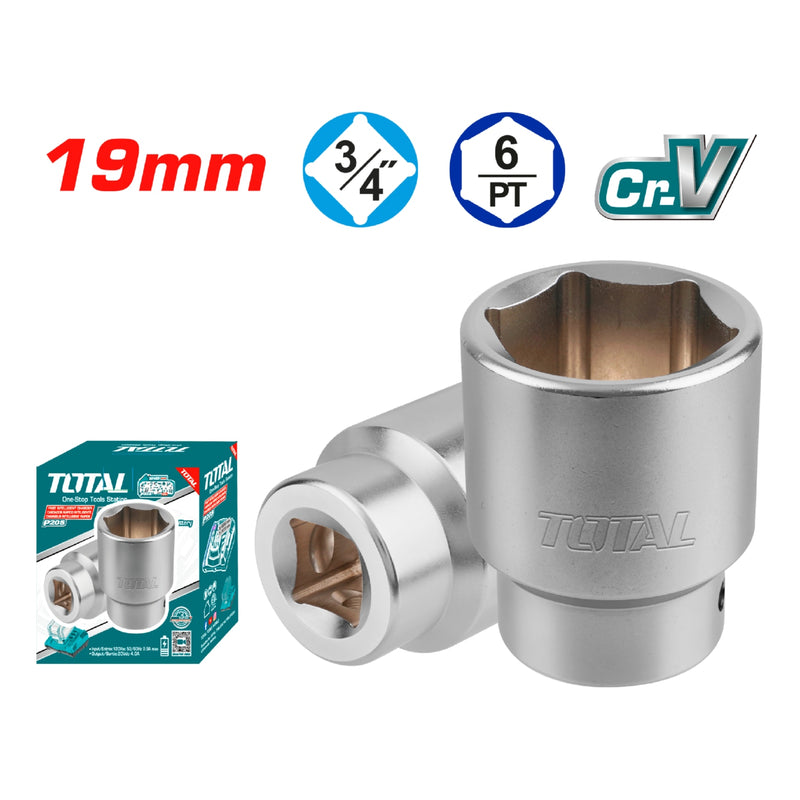 Socket hexagonal 3/4" Cr-V de 19mm con tratamiento térmico 6Pts. Material 50BV30. Dado