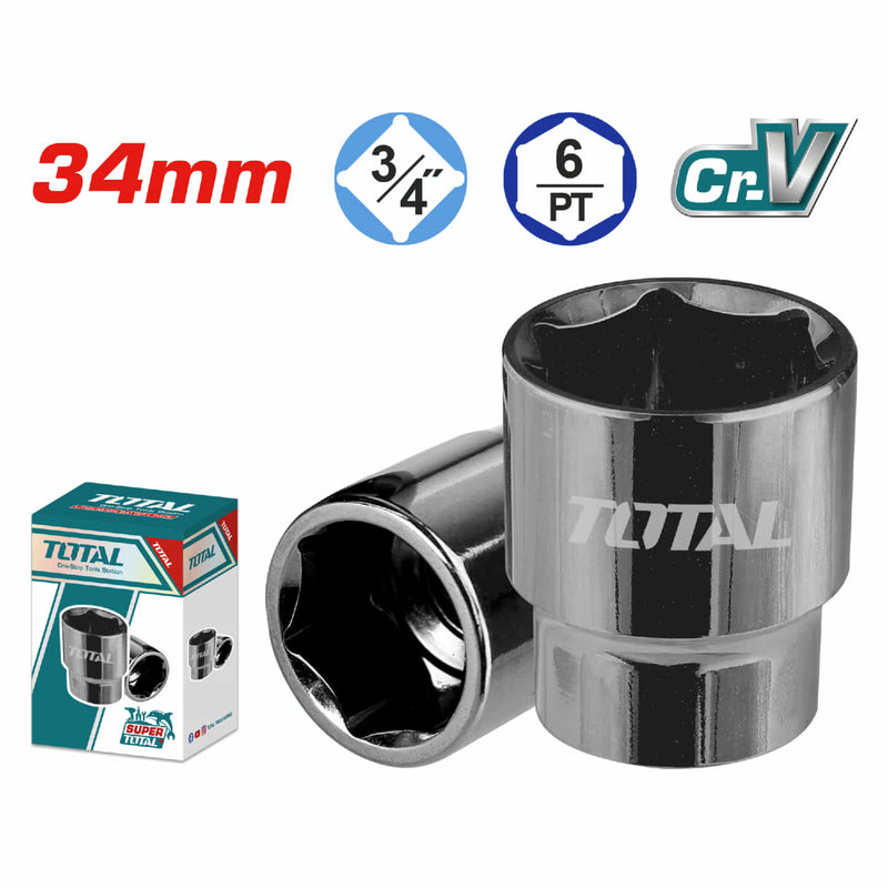 Socket hexagonal 3/4" Cr-V de 34mm con tratamiento térmico 6Pts. Material 50BV30. Dado