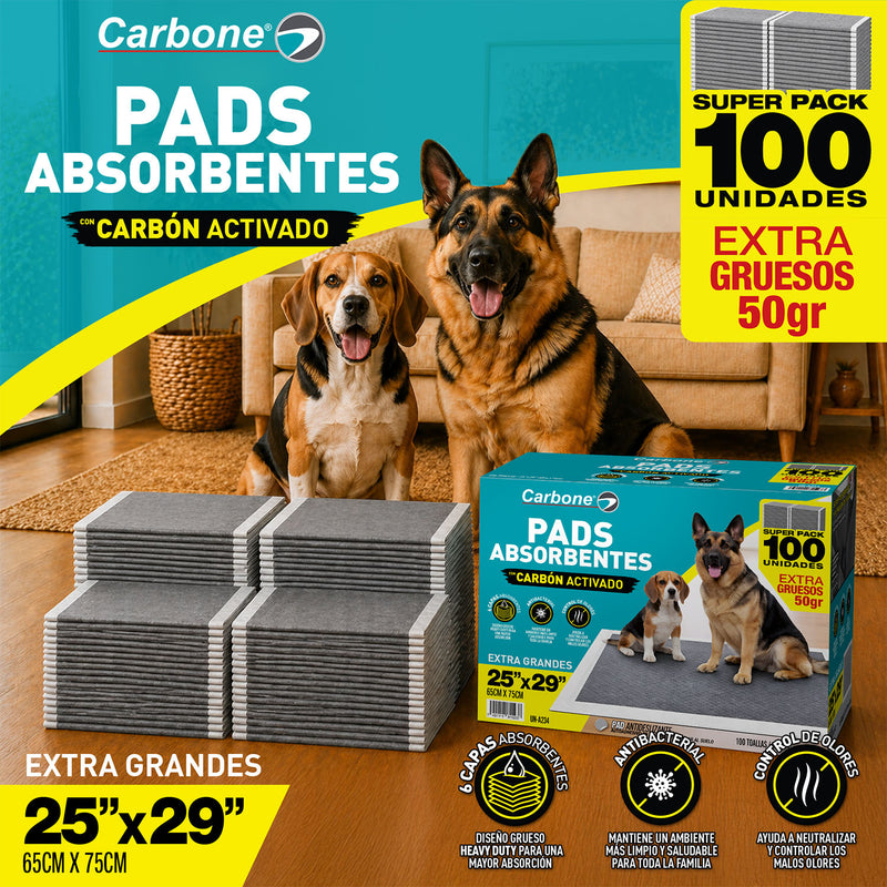 Pads de Entrenamiento para Perros con 6 Capas Ultra Absorbentes con Carbón Activado Antiolores y Antifugas. Grandes 65x75cm. Pack de 100 Unidades