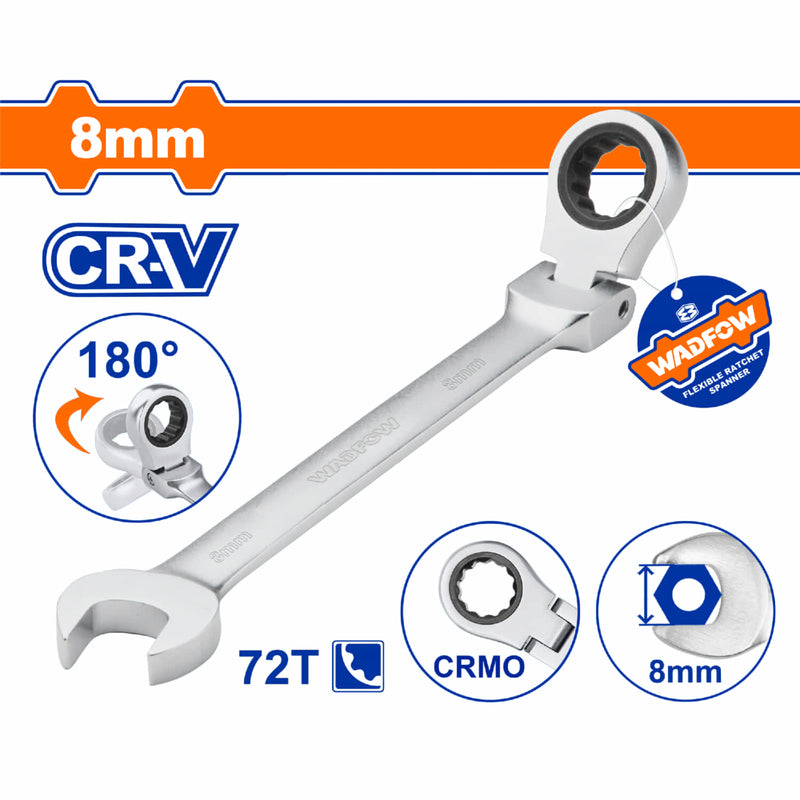 Llave Combinada con Ratchet Flexible 8mm Giro 180º 72 dientes. Cromada. Tratamiento Térmico.