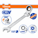 Llave Combinada con Ratchet Flexible 19mm Giro 180º 72 dientes. Cromada. Tratamiento Térmico.