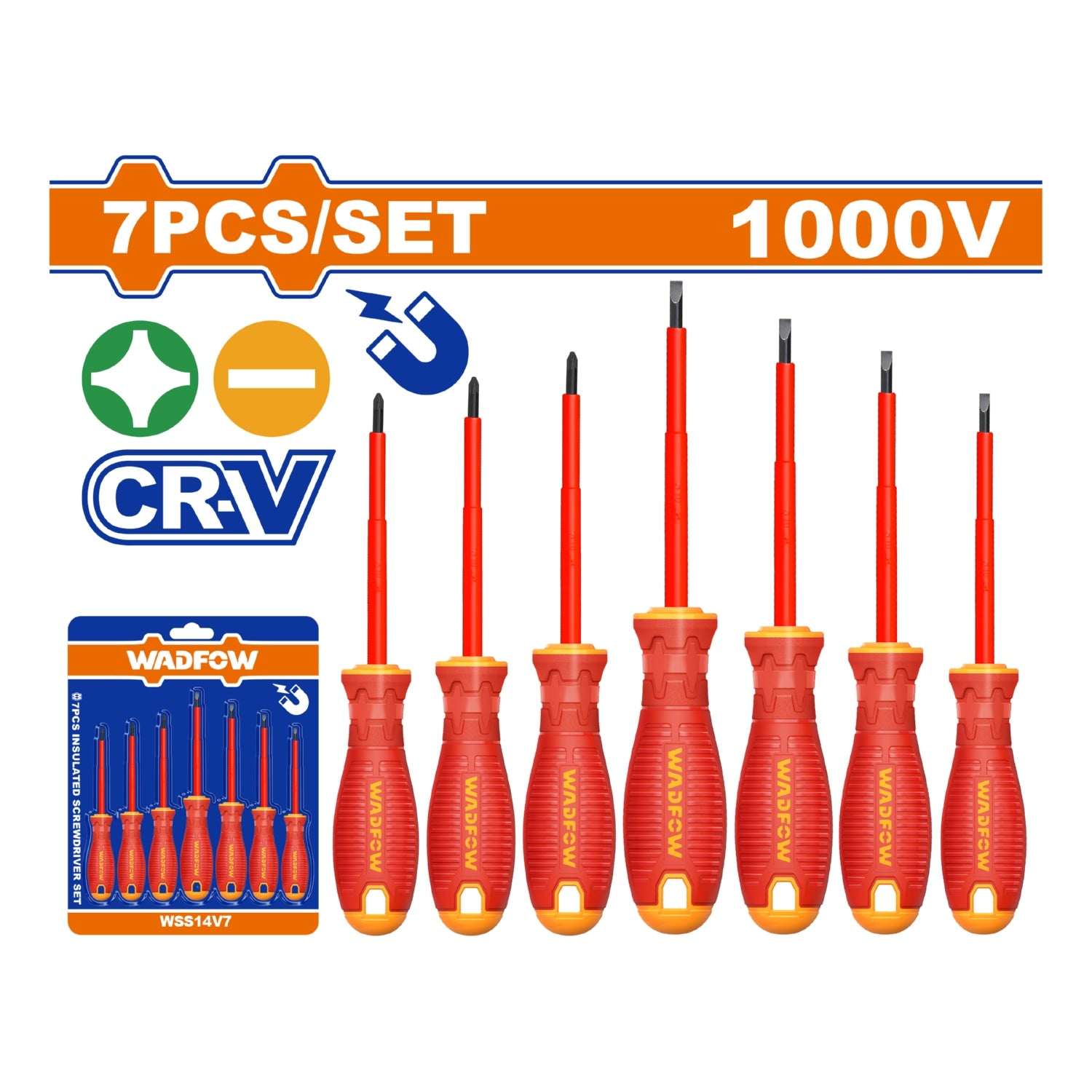 Destornilladores Aislados Punta Plana y Phillips. 7 piezas. Punta Magnética. 1000V. Mango cómodo.