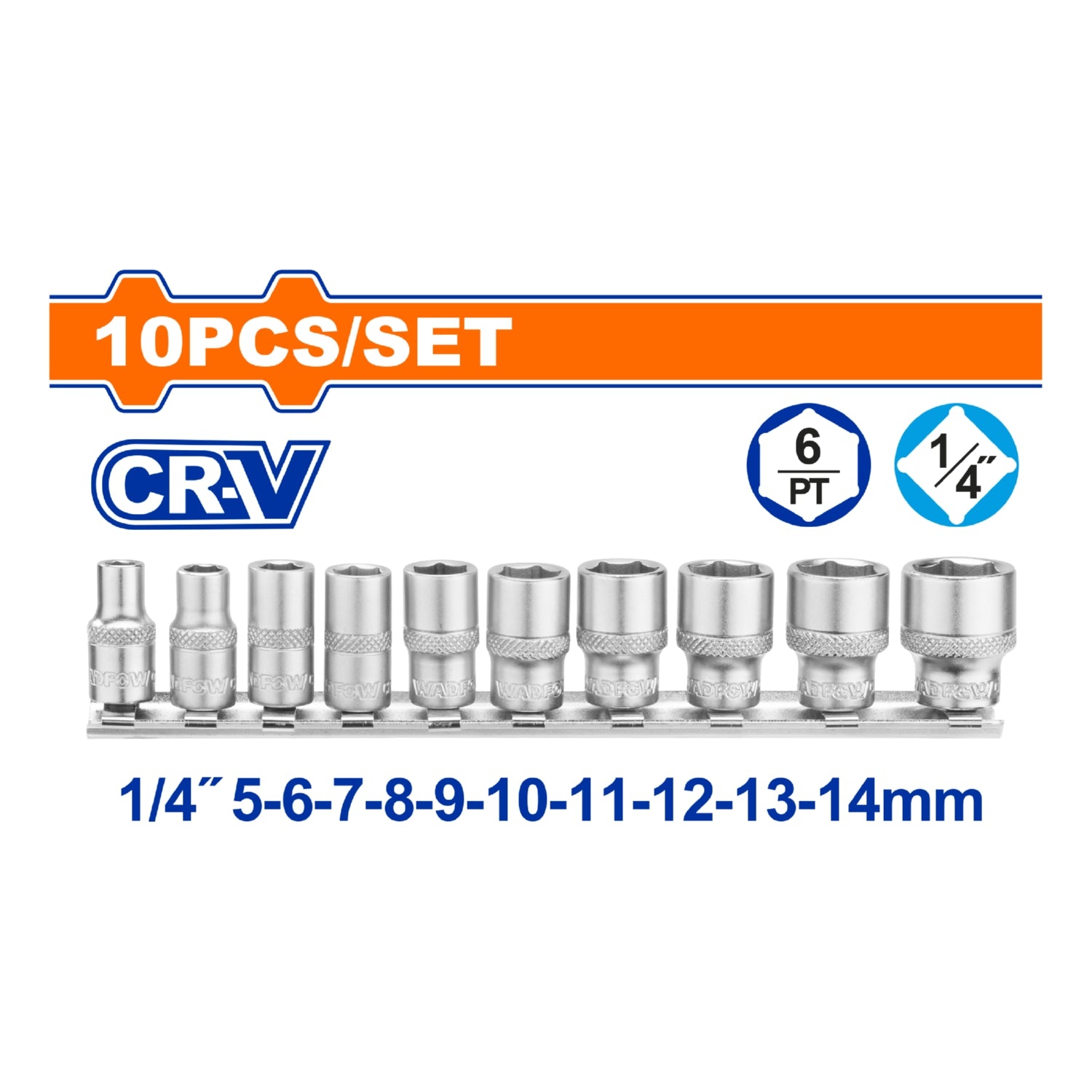 Dados Socket 1/4". 10 piezas. 5-14mm. Acero Cr-V. Cromado. Se vende en Set.