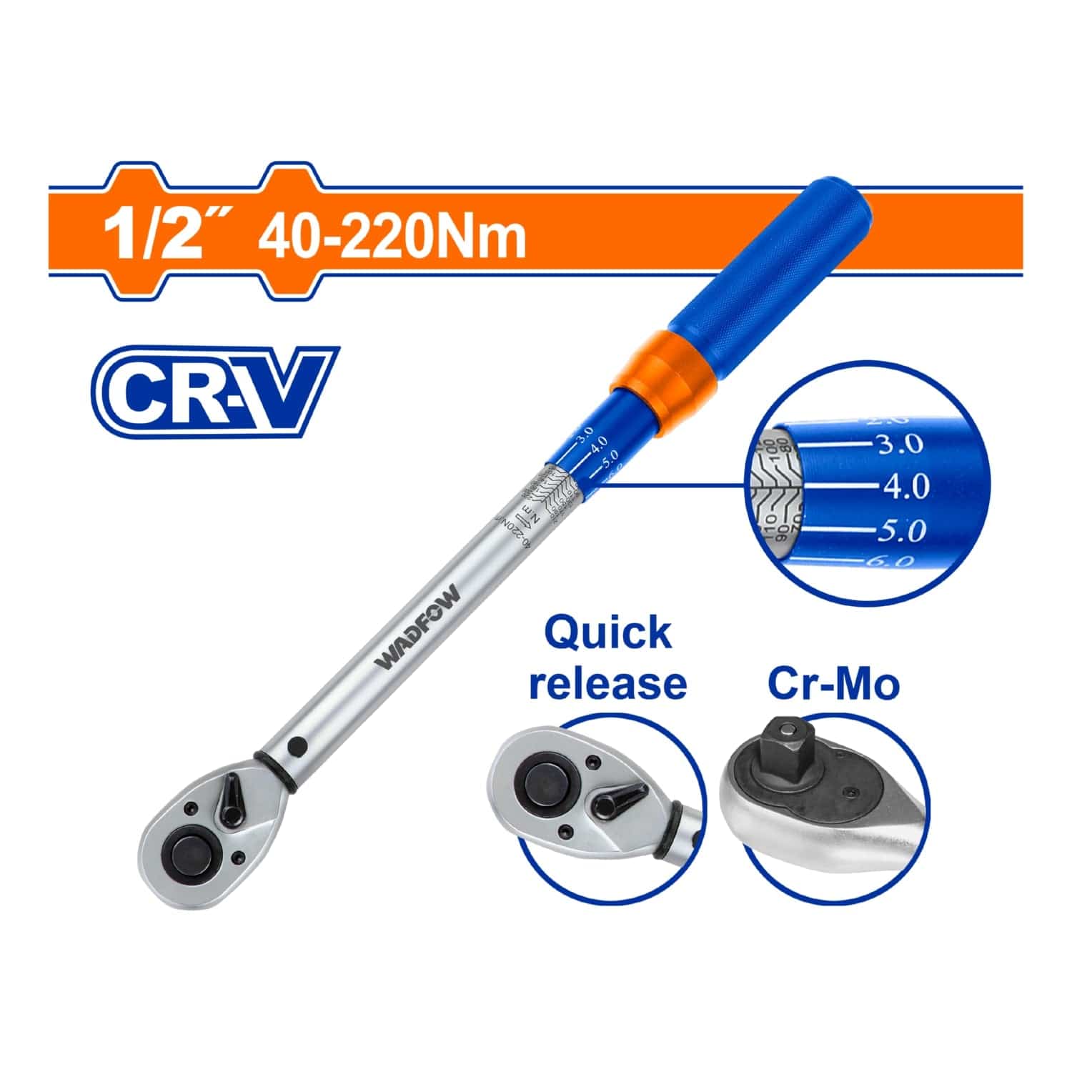 Torquímetro 1/2" 40- 220Nm. Cr-V. Liberación Rápida. Cr-Mo. Long: 430Mm. Tolerancia De Torque: ±4%