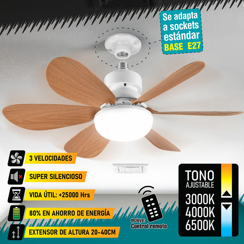 Abanico De Techo 20" aspas madera socket E27 Con Luz Led Tono ajustable 3000/4000/6500K, 1900 Lumens 6 Aspas 3 CCT 520X185mm