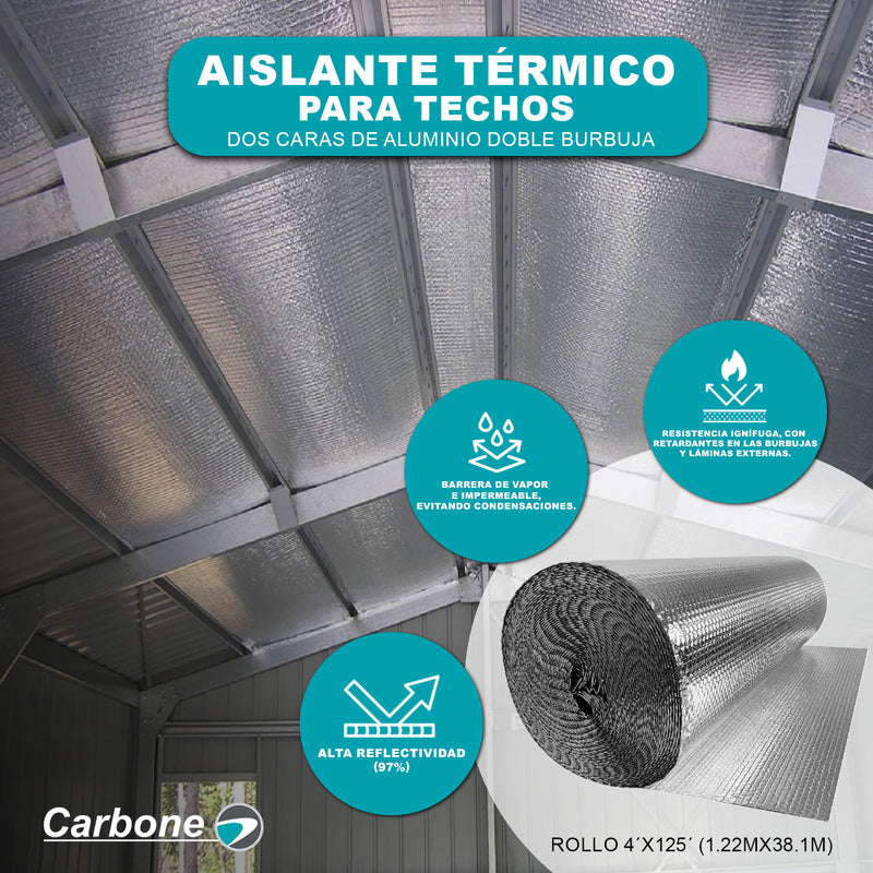 Aislante termico techos dos caras de aluminio doble burbuja rollo 4´x125´(1.22mx38.1m) 5-7mm ignifugo de Alta reflectividad 97%