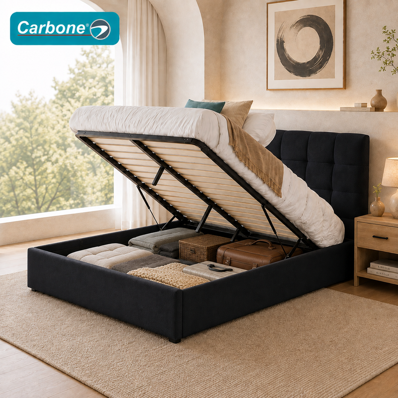 Cama Baúl Full Tapizada De Pana Con Almacenamiento Elevable Hidraúlico Y Cabecero Moderno (137x190x35cm) Color Gris