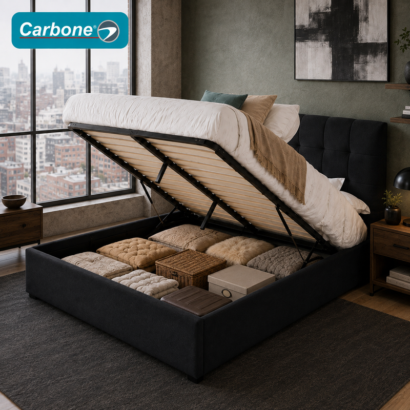 Cama Baúl Queen Tapizada De Pana Con Almacenamiento Elevable Hidraúlico Y Cabecero Moderno (152x203x35cm) Color Gris