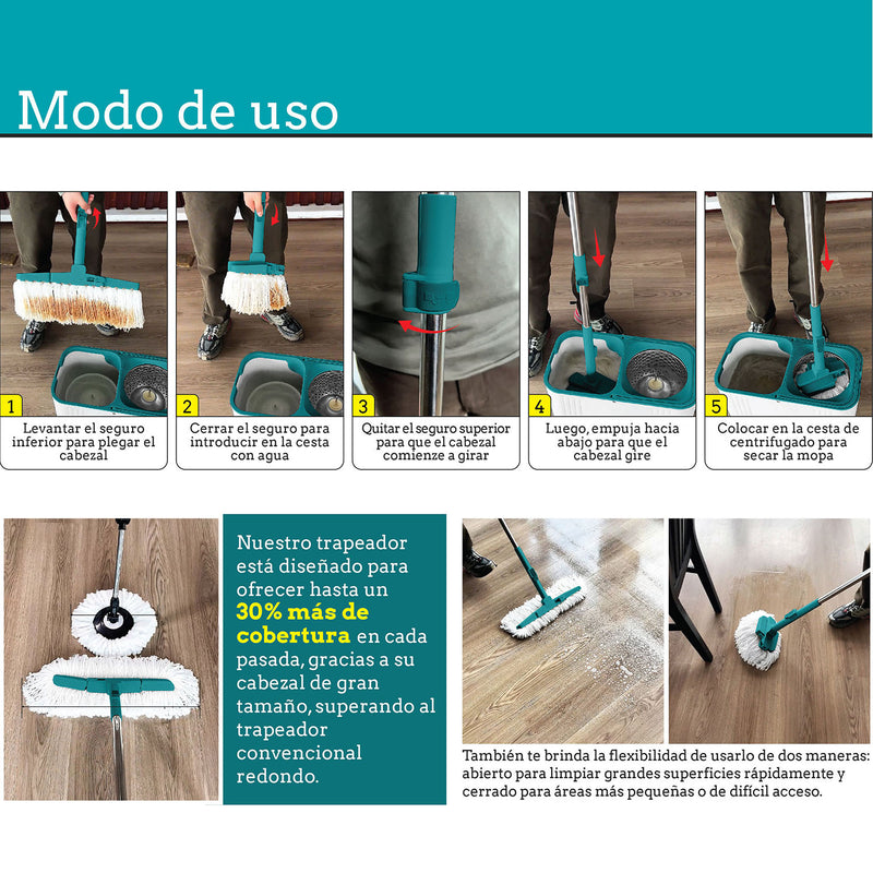 Trapeador Spin And Mop Transformer 360 Giratorio Tina De 9L Enjuague Y Secado Por Centrifuga. Se Agranda O Achica A Su Gusto