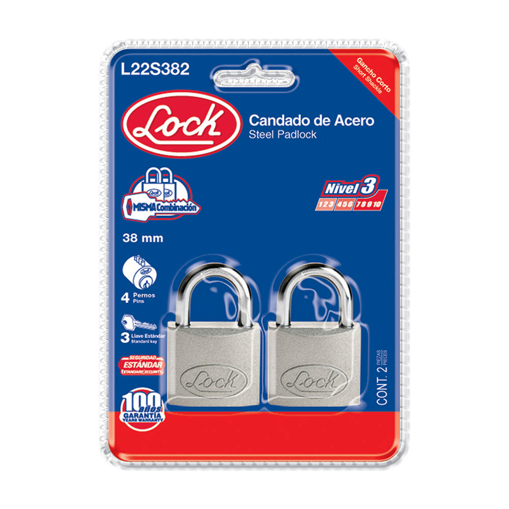 Candado acero corto llave estándar 2 pzs cromo satinado Lock