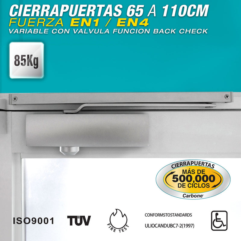 Cierrapuertas guia corredera65a110cm(15~85kg).Fuerza EN1~EN4 var. con val.Funcion backcheck(5años)