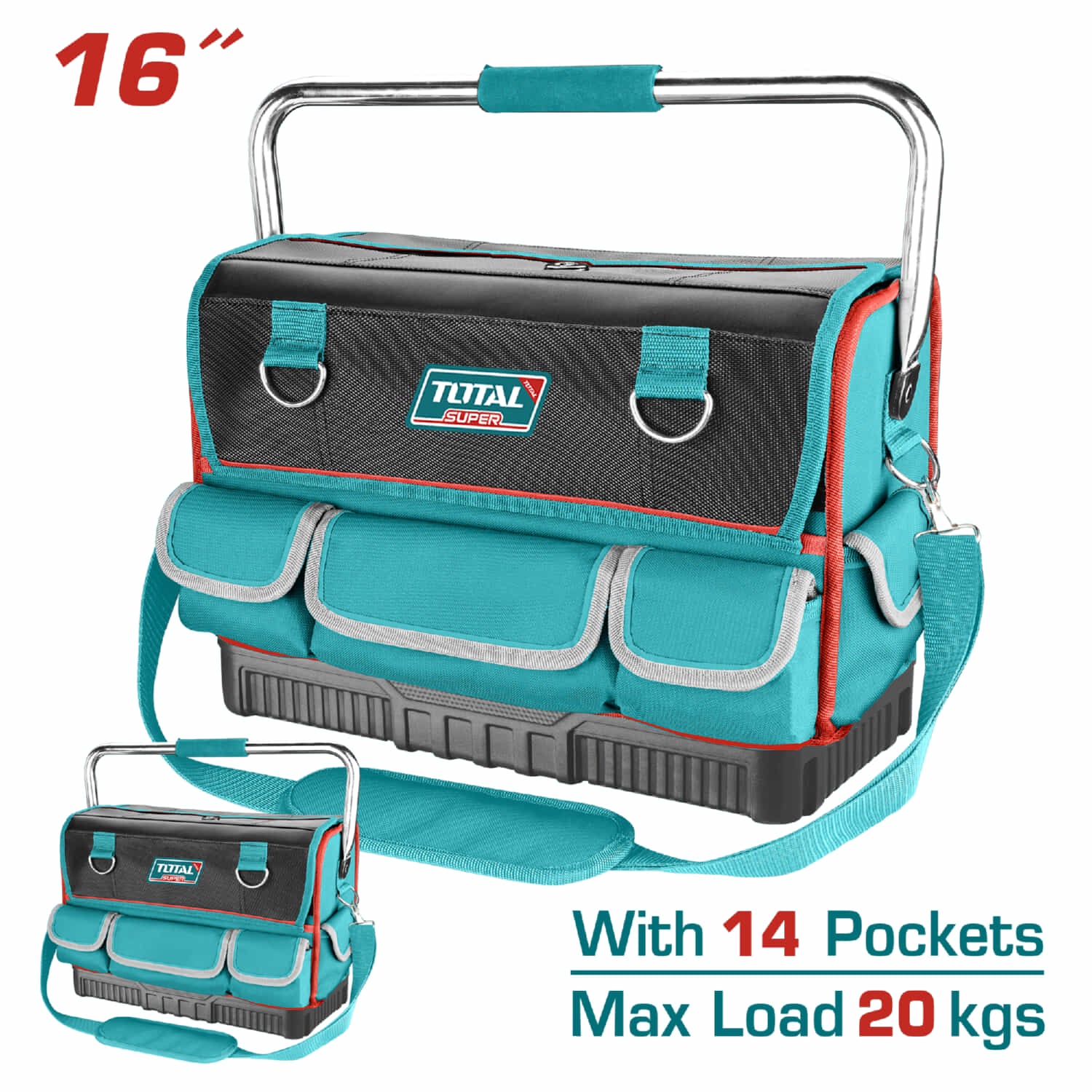 Bolso Caja herramientas de poliéster 600D, Tamaño 16”, 14 bolsillos para herramientas. Carga: 20Kg