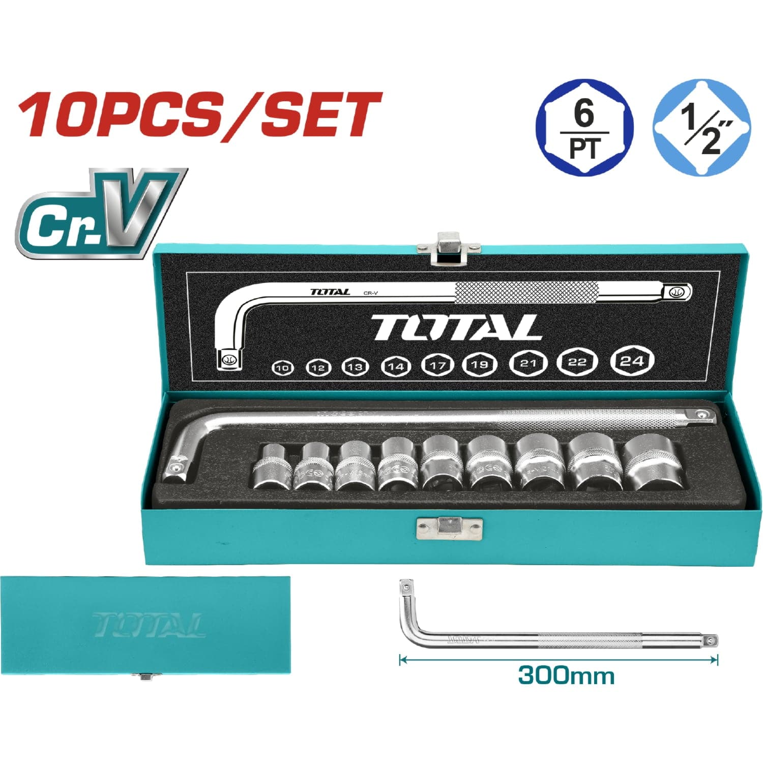 Juego De Dados Socket De 1/2" De 10 Piezas.Cr-V. (50 BV 0). Cromado De Tratamiento Termico.