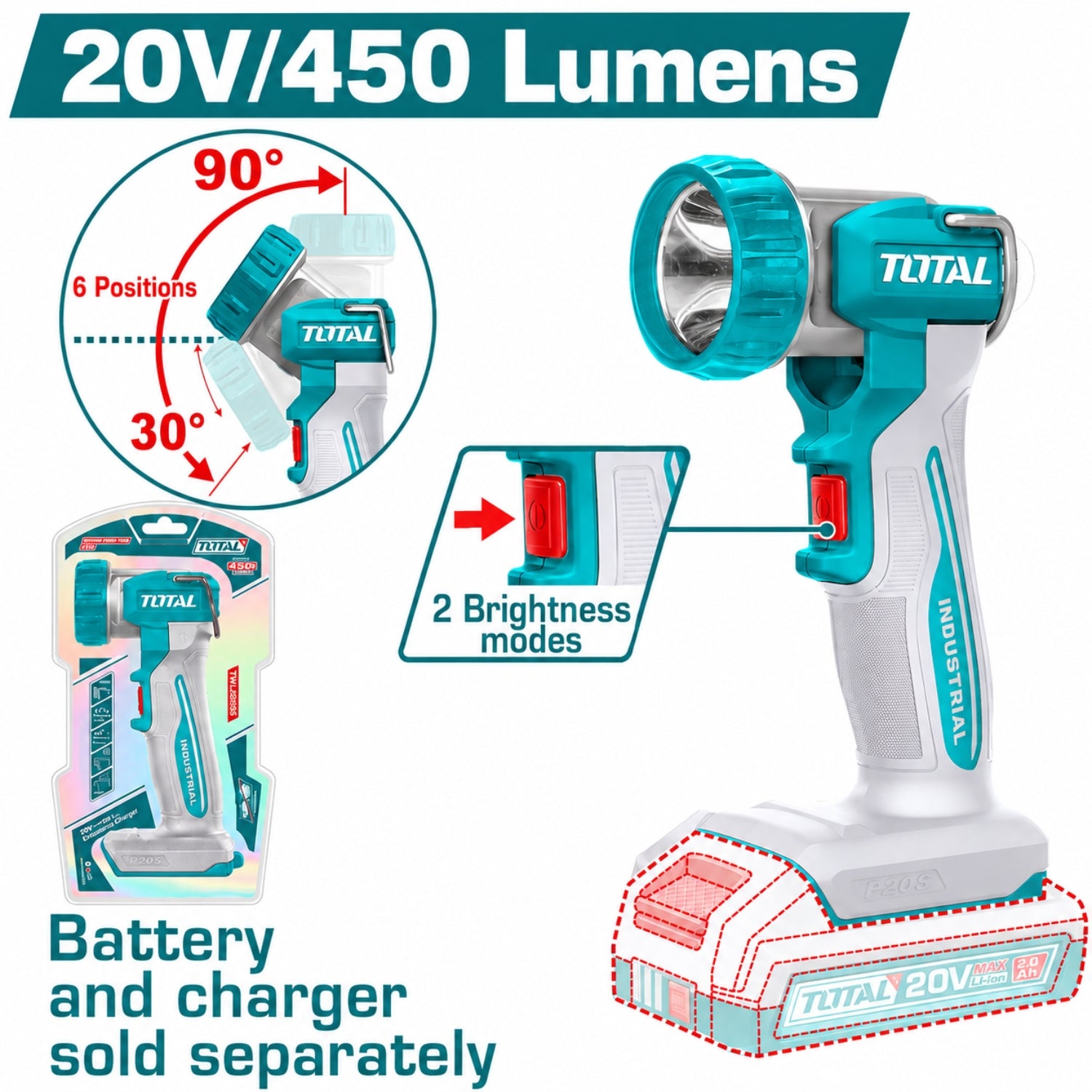 Lámpara linterna de Trabajo Inalámbrica de Litio 20V 8W  450 Lumens. No incluye cargador ni batería.