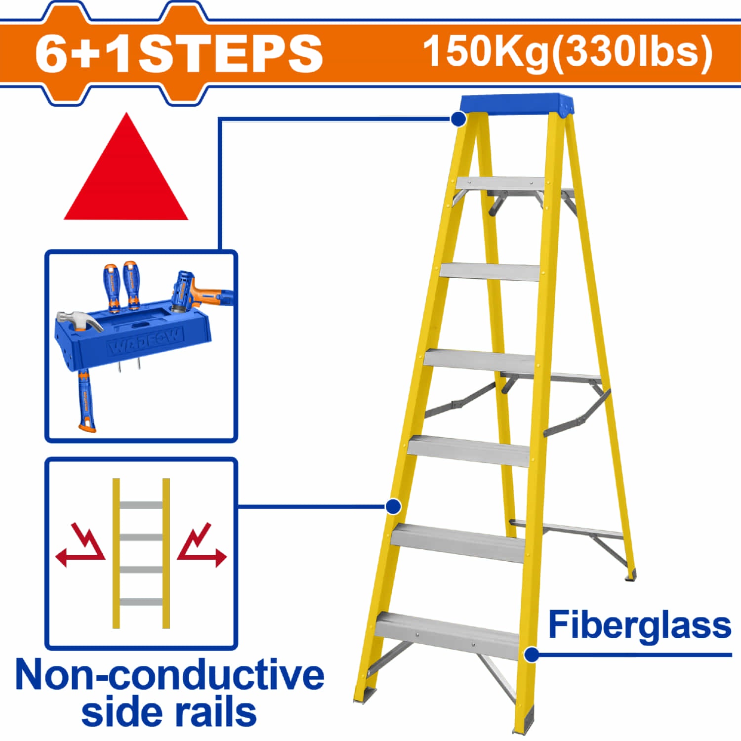 Escalera de fibra de vidrio 7 escalones. Altura de paso: 280mm. Carga máxima: 150Kg. De tijera