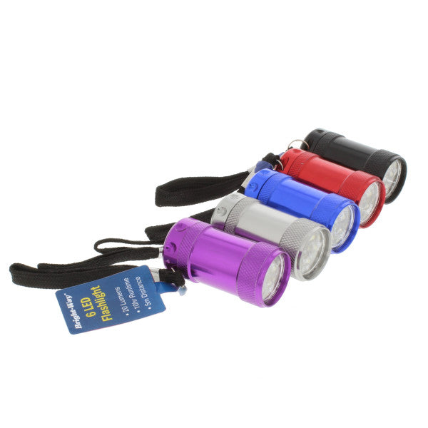 (1 unidad) Linterna de aluminio de 6 led, colores surtidos. Baterias incluidas