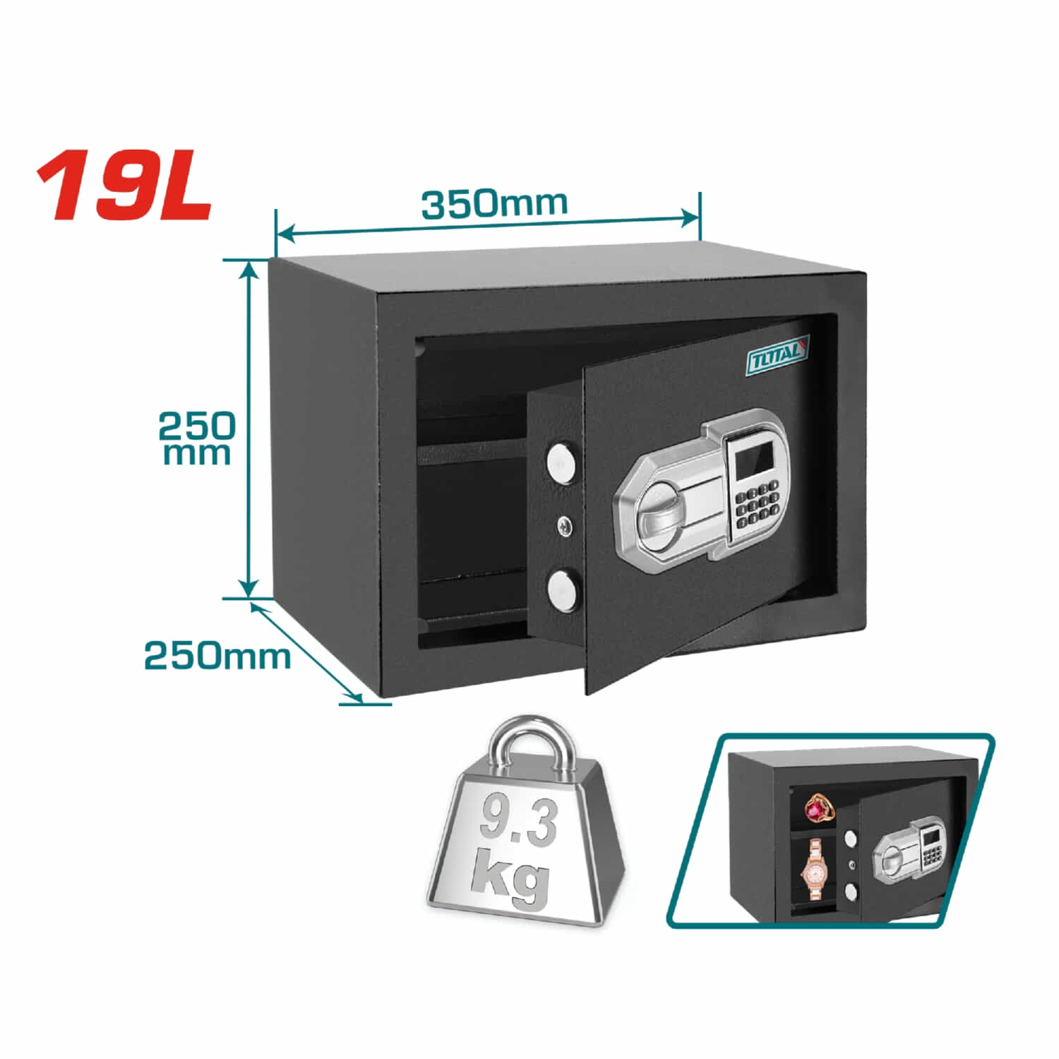 Caja Fuerte de Seguridad 19 L. 250 x 350 x 250 mm. Registra 3 a 8 dígitos.