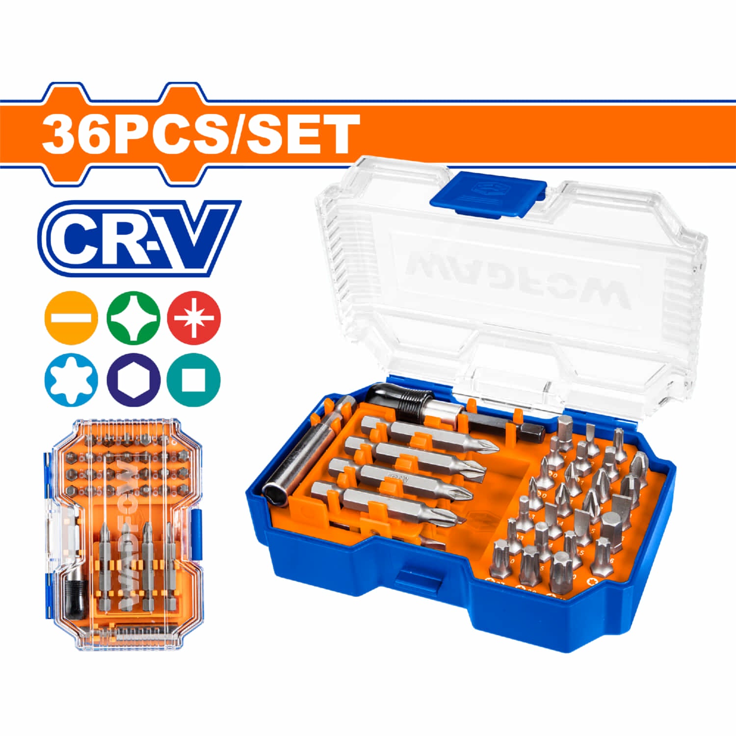 Puntas destornillador 25mm. Cr-V. Brocas: H1,S1,T10,PZ0,PH0. Brocas de 50 mm y 2 soportes. Juego de 36 piezas.