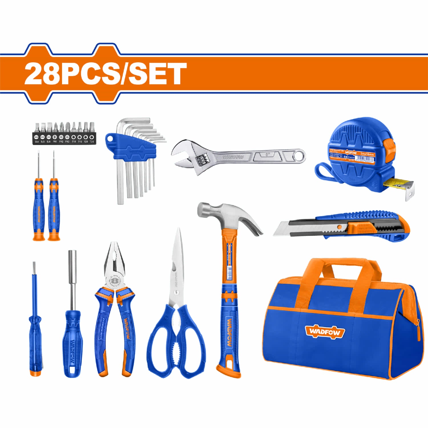 Herramientas Manuales 28 pzas. (alicate,tijera,martillo,destornillador,exacto,cinta, llave) Juego