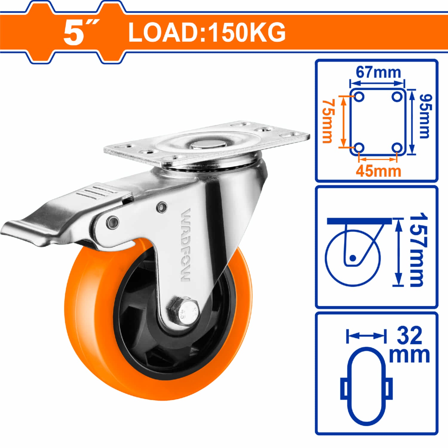 Rueda giratoria freno Serie trabajo pesado 5" Capacidad por rueda 150kg Poliuretano PU naranja