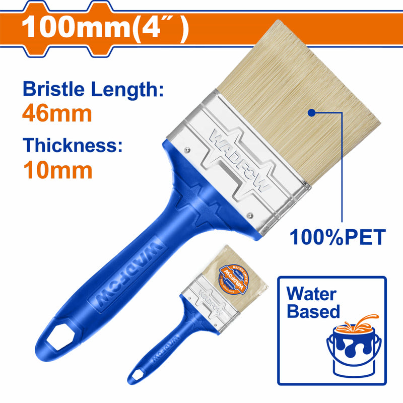 Brocha para pintar 100mm(4"). Cerdas 100% PET. Pintura a base de agua. Long: 46mm. Grosor:10mm.