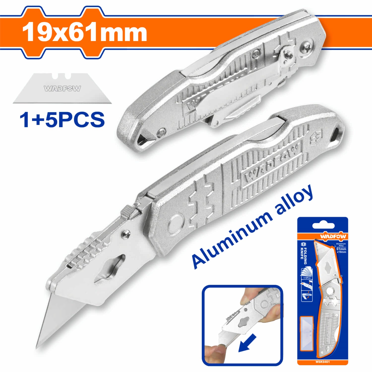 Exacto plegable con mango de aluminio. Cuchillas 19 x 61mm. Con 5 cuchillas.