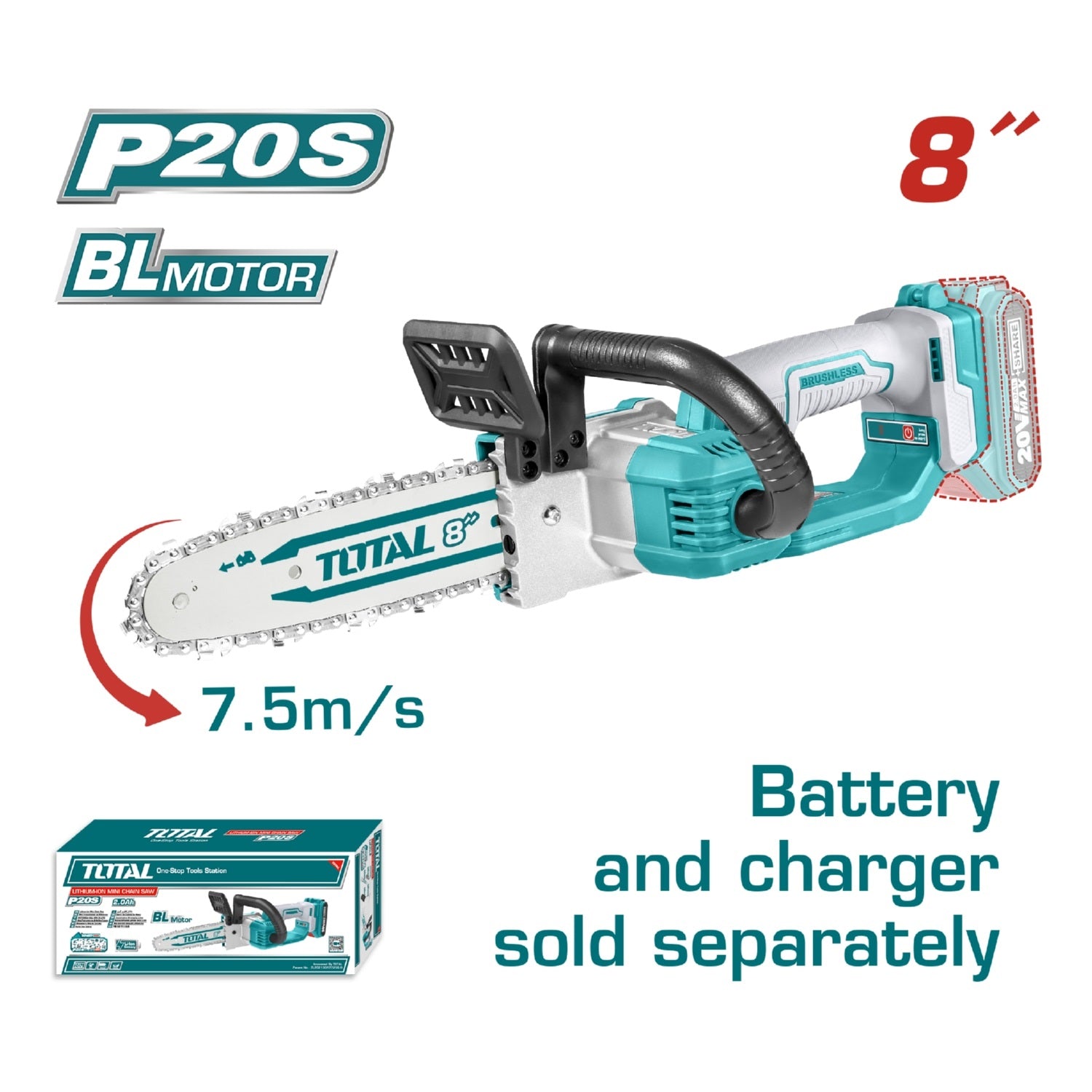 Motosierra de 8" 20V Motor sin escobillas. Batería y cargador por separado.