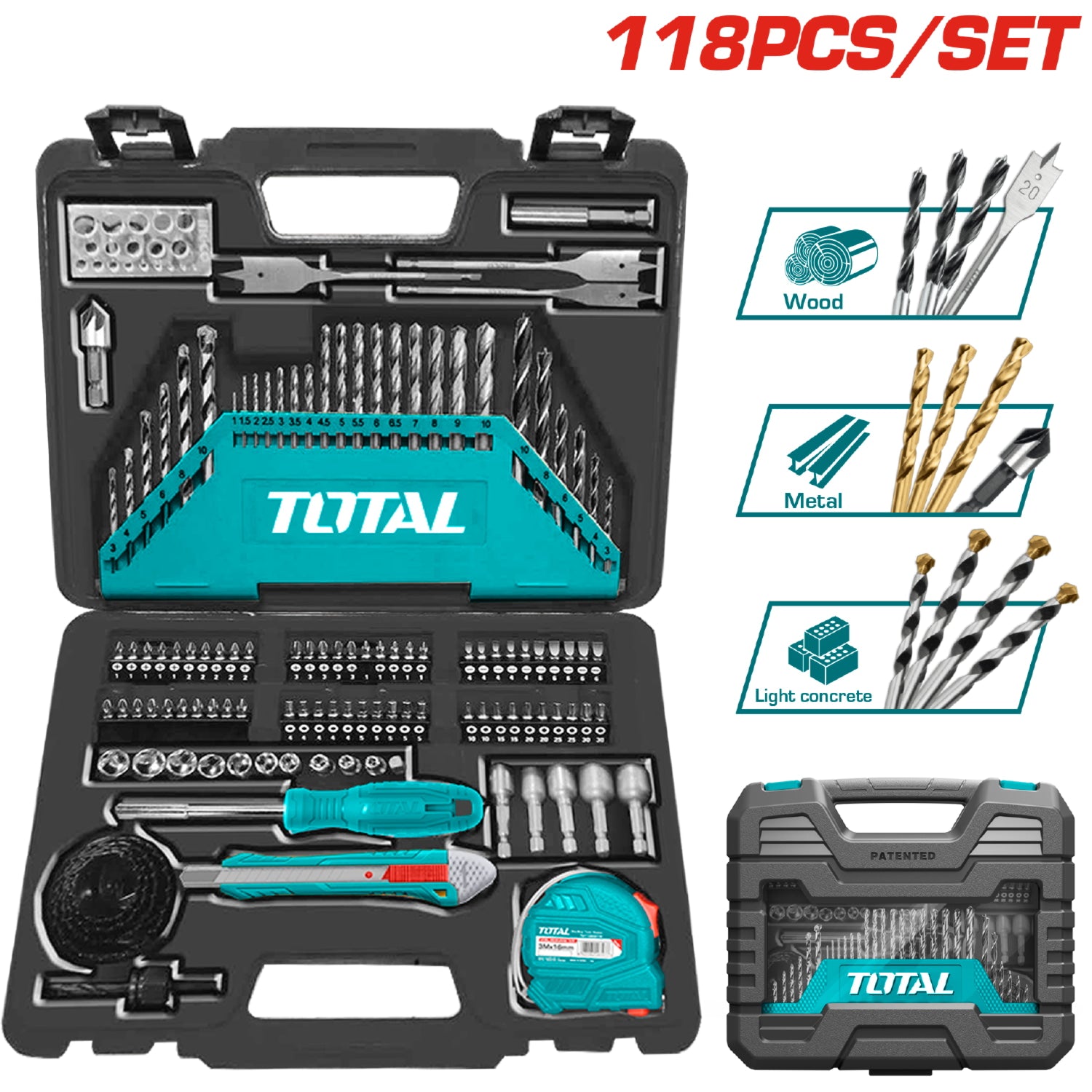 Juego de brocas y accesorios de 118 piezas.