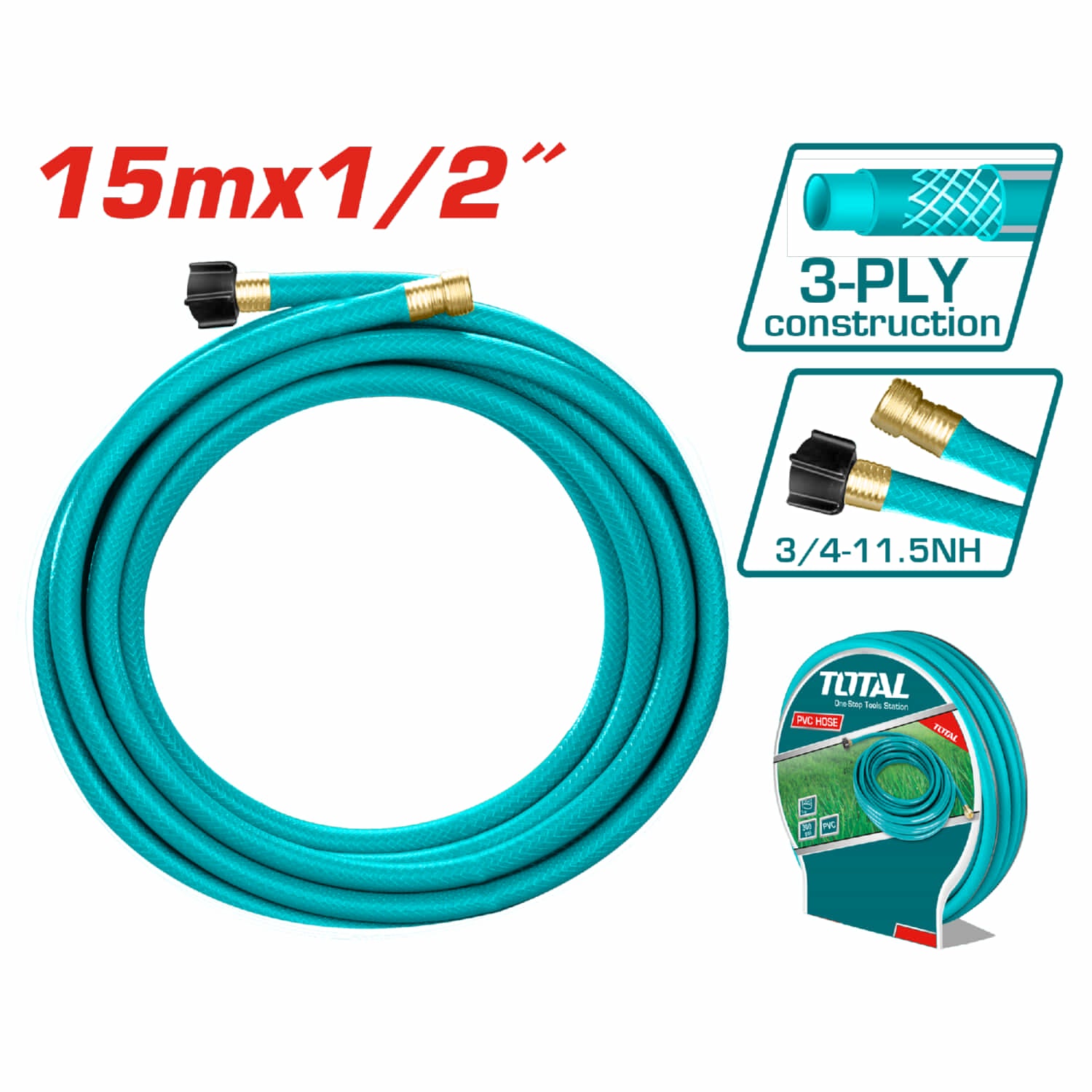 Manguera 1/2" x 50 pies para jardín con couplings de  3/4". Reforzada alta calidad