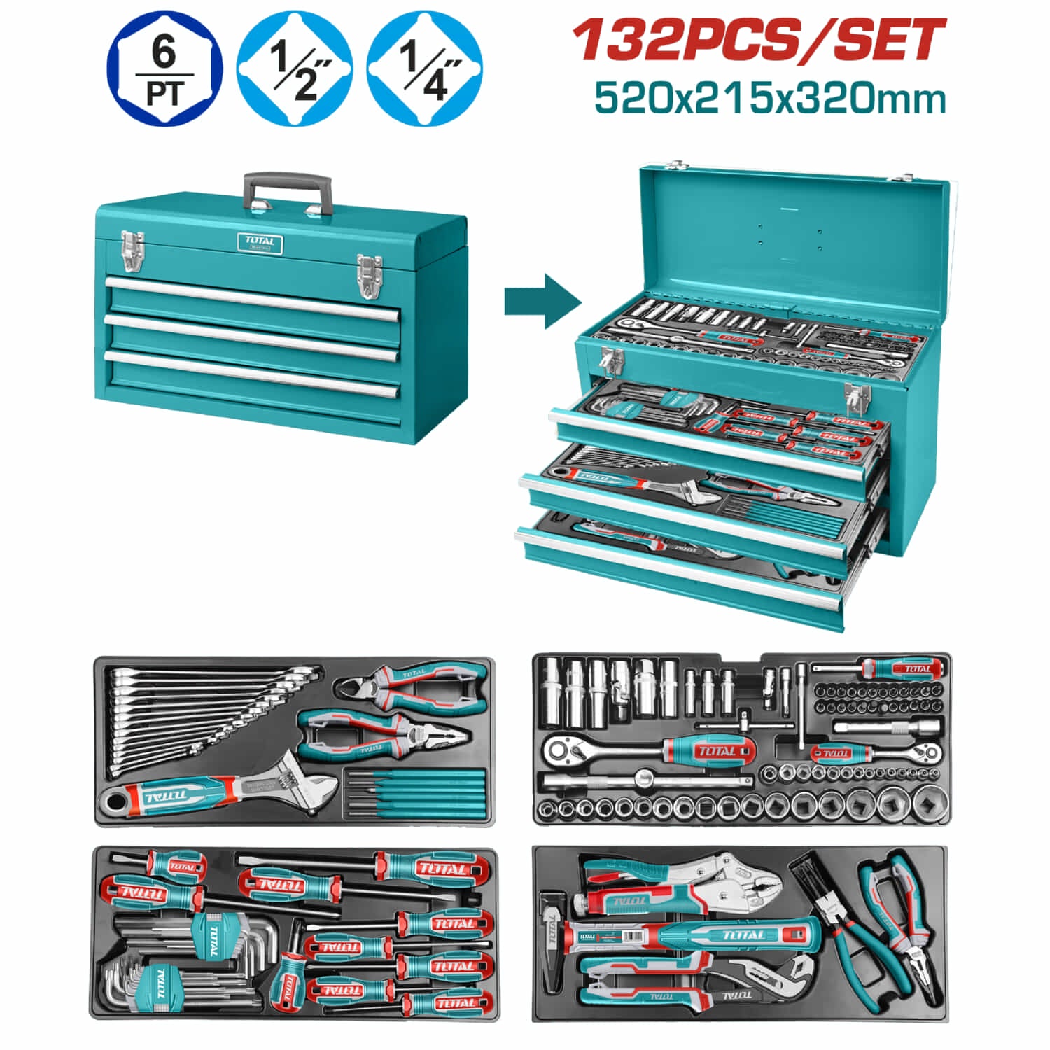 Caja de herramientas variadas 3 niveles y una base. Incluye 132 piezas. Juego kit
