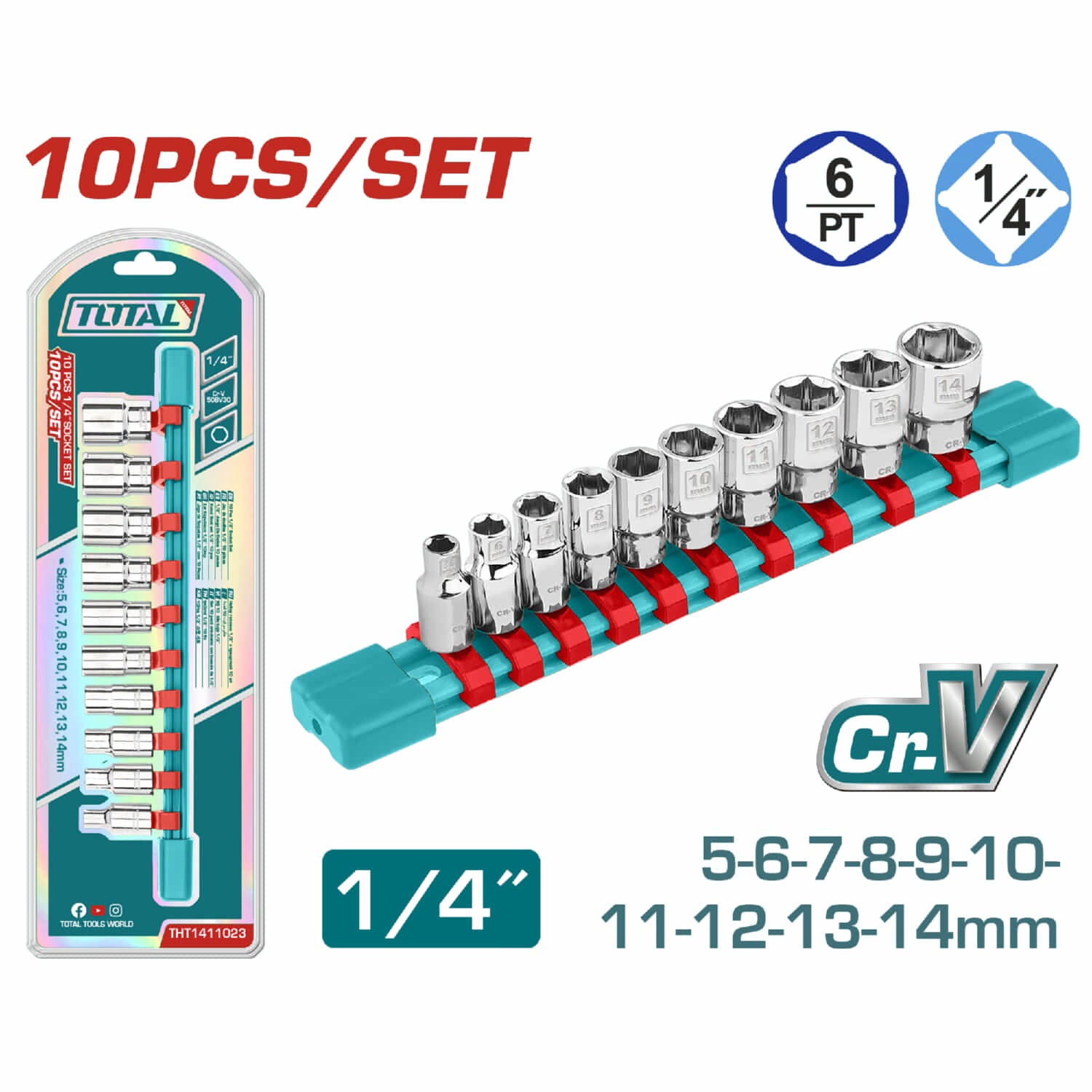 Dados Socket de 1/4" Cr.V 5-14mm Tratamiento térmico Chapado en cromo Set de 10 piezas.