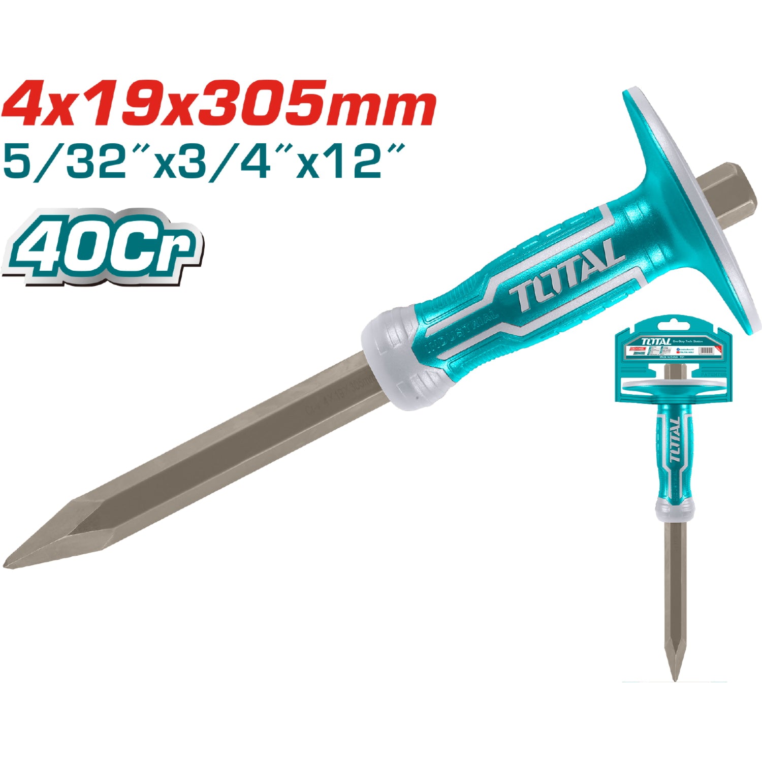 Cincel de hormigón de 4mm cabeza, mango 19mm, largo 305mm, Material 40cr.