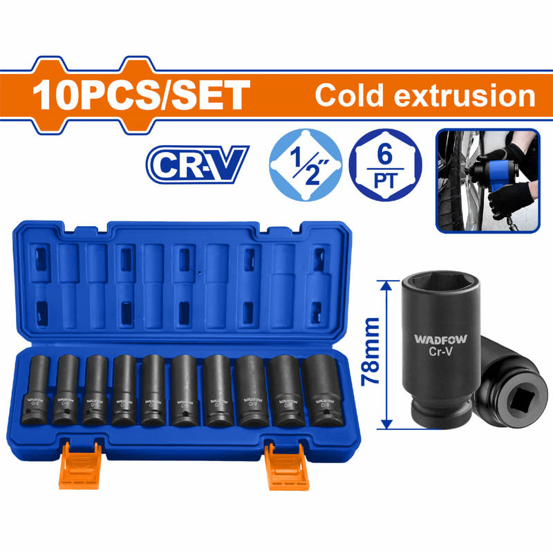 Dados Socket de Impacto de 1/2" DR. de 10 Piezas. Largo:78 mm. CrMo. Tratamiento Térmico.