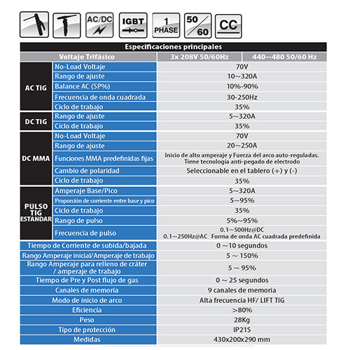 Maquina de soldar Tig AC/DC alta frecuencia 3PHASE 208/480V Heavy duty DIGI-TIG320ACDC