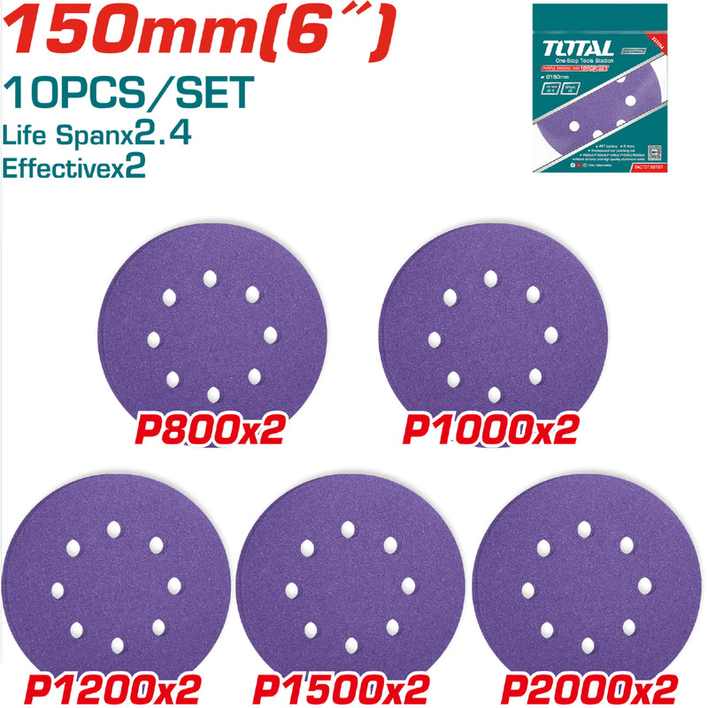 Juego de 10 Discos de Lija para Lijadora de 6" 150mm. P800x2 P1000x2 P1200x2 P1500x2 P2000x2.