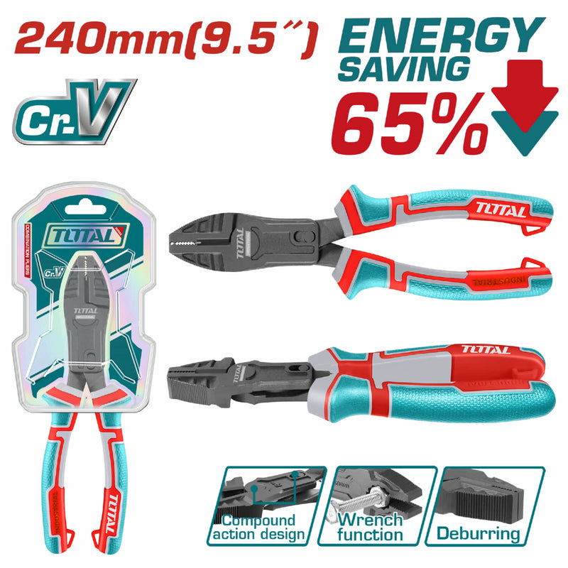 Alicate de combinacion acción compuesta 9.5"/240mm Cr-V. 65% ahorro de energía. Mango ergonómico
