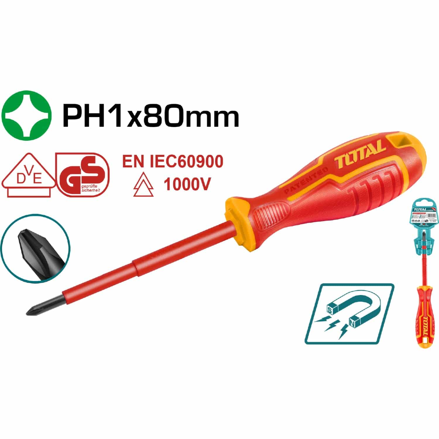 Destornillador Insulado De Estrella PH1 Mm. Largo 80 Mm. Cr-V. 1000Volts. Certificado VDE